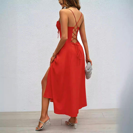 Women's Spaghetti Strap Square Neck Sleeveless Tie Side Split Slit Maxi Dress