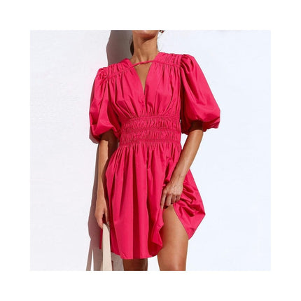 Women's V Neck Puff Short Sleeve Elastic High Waist Flowy A Line Short Dress