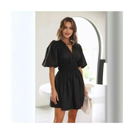 Women's V Neck Puff Short Sleeve Elastic High Waist Flowy A Line Short Dress