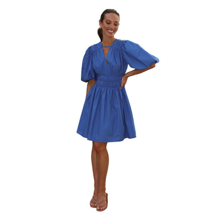 Women's V Neck Puff Short Sleeve Elastic High Waist Flowy A Line Short Dress