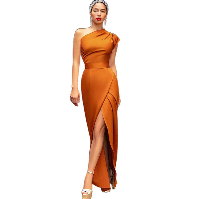 Womens One Shoulder Sleeveless Bodycon Ruched Wrap Split Cocktail Long Formal Dress