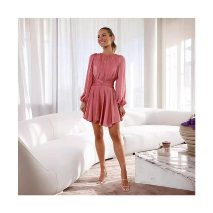 Women's Long Sleeve Round Neck Wrap Tie Waist Flowy Mini Dress