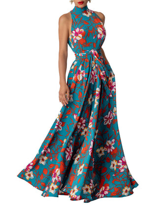 Women's Summer Halter Neck Sleeveless Tie Waist Flowy A Line Maxi Dress