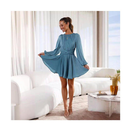 Women's Long Sleeve Round Neck Wrap Tie Waist Flowy Mini Dress