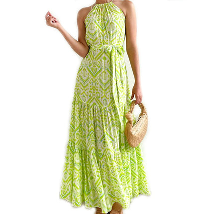 Women's Tie Waist Sleeveless Halter Neck Tiered Ruffle Flowy Maxi Dress