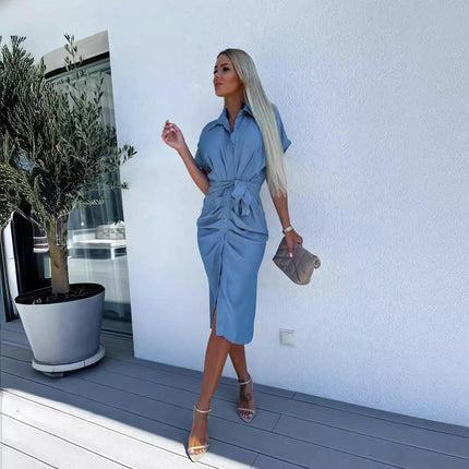 Women Button Down Ruched Shirt Dresses Short Sleeve Lapel V Neck Midi Dress