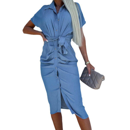 Women Button Down Ruched Shirt Dresses Short Sleeve Lapel V Neck Midi Dress