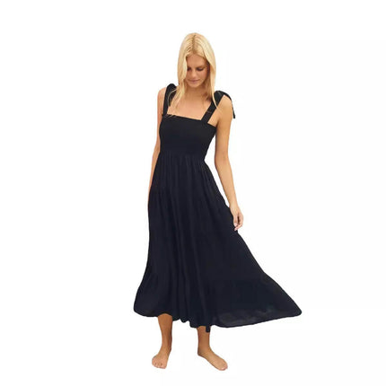 Women's Summer Spaghetti Strap Square Neck Ruffle A Line Beach Long Maxi Dress