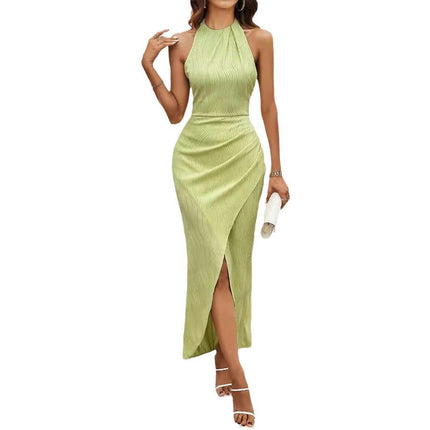 Womens Halter Neck Sleeveless Slit Backless Ruched Long Dress