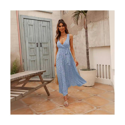 Women Sexy Deep V Neck Sleeveless High Slit Tie Summer Maxi Dresses