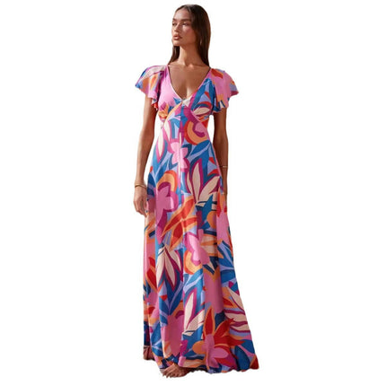 Women Summer Deep V Neck Ruffle Short Sleeve Wrap Maxi Dress