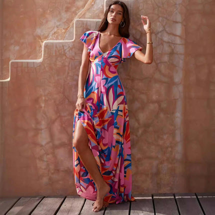 Women Summer Deep V Neck Ruffle Short Sleeve Wrap Maxi Dress