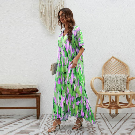 Womens Long Short Sleeves Floral Print V-Neck Summer Sundress Maxi Dress