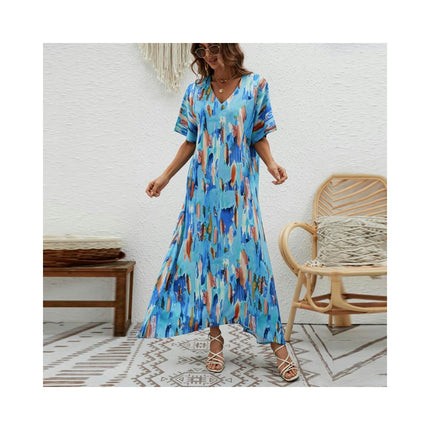 Womens Long Short Sleeves Floral Print V-Neck Summer Sundress Maxi Dress