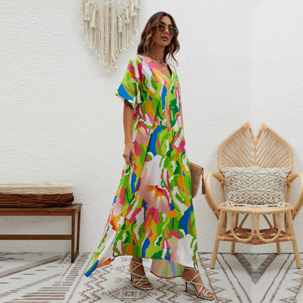 Womens Long Short Sleeves Floral Print V-Neck Summer Sundress Maxi Dress