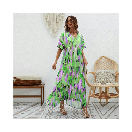 Womens Long Short Sleeves Floral Print V-Neck Summer Sundress Maxi Dress