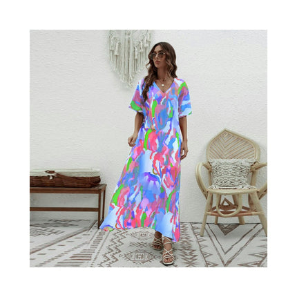 Womens Long Short Sleeves Floral Print V-Neck Summer Sundress Maxi Dress