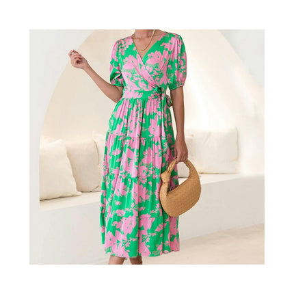 Women's Floral Boho Dress Wrap V Neck Short Sleeve Belted Ruffle A-Line Flowy Maxi Dresses