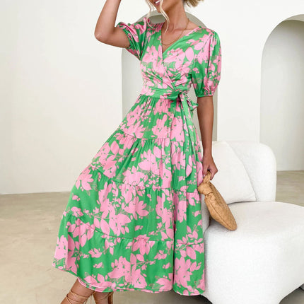 Women's Floral Boho Dress Wrap V Neck Short Sleeve Belted Ruffle A-Line Flowy Maxi Dresses