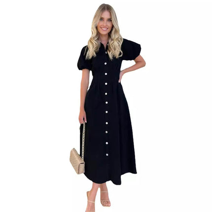 Womens Button Down Shirt Dress Summer Casual Puff Short Sleeve V Neck Flowy Midi Dresses