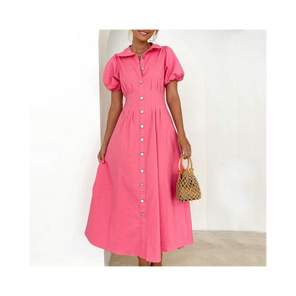 Womens Button Down Shirt Dress Summer Casual Puff Short Sleeve V Neck Flowy Midi Dresses