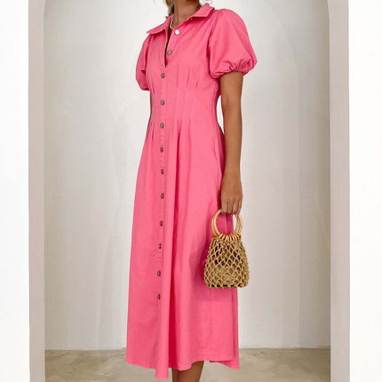 Womens Button Down Shirt Dress Summer Casual Puff Short Sleeve V Neck Flowy Midi Dresses