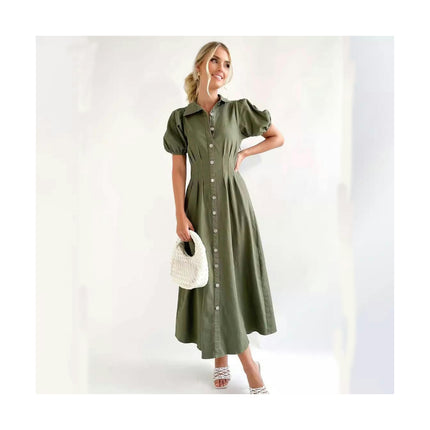 Womens Button Down Shirt Dress Summer Casual Puff Short Sleeve V Neck Flowy Midi Dresses