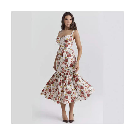 Women's Boho Summer Floral Print Spaghetti Straps Sleeveless Square Neck Ruffle Long Dress