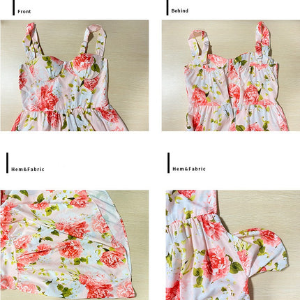 Women's Boho Summer Floral Print Spaghetti Straps Sleeveless Square Neck Ruffle Long Dress