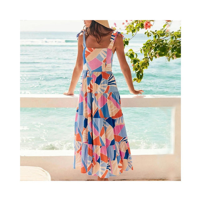 Women Summer Spaghetti Strap Square Neck Smocked Ruffle Tiered Beach Maxi Dress