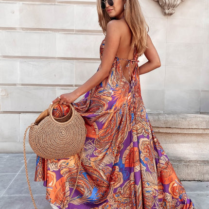 Women's Halter Neck Deep V Neck Backless A Line Summer Maxi Dress