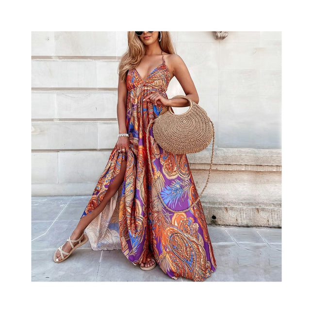 Women's Halter Neck Deep V Neck Backless A Line Summer Maxi Dress