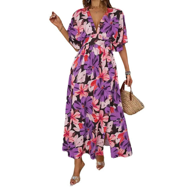 Women's Summer Boho Dress Deep V Neck Short Sleeve Slit Floral Beach Maxi Dresses