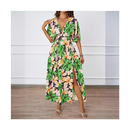 Women's Summer Boho Dress Deep V Neck Short Sleeve Slit Floral Beach Maxi Dresses