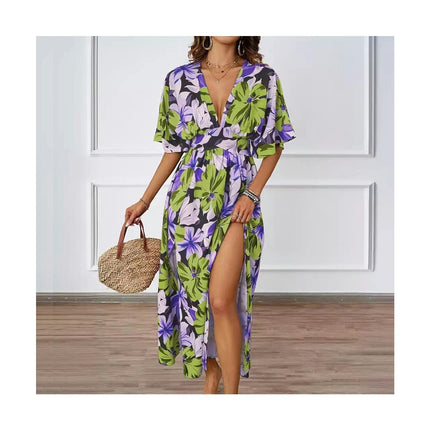 Women's Summer Boho Dress Deep V Neck Short Sleeve Slit Floral Beach Maxi Dresses