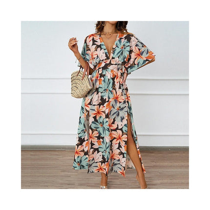 Women's Summer Boho Dress Deep V Neck Short Sleeve Slit Floral Beach Maxi Dresses