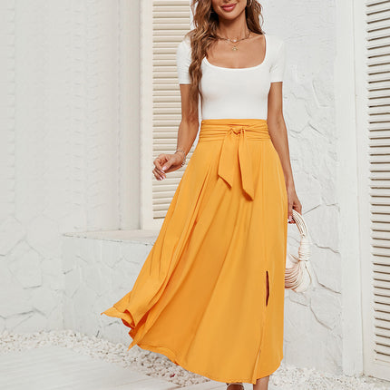 Women's Elegant High Waist Skirt Tie Front Pleated Maxi Skirts