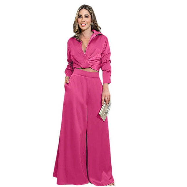 Womens 2 Piece Sets Dressy Long Sleeve Pleated Shirt Outfits Pocket Wide Leg Pants Suits