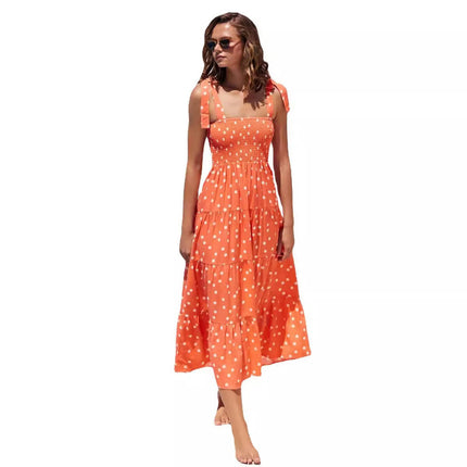 Women's Summer Boho Spaghetti Strap Square Neck Smocked Tiered Ruffle Beach Maxi Dress