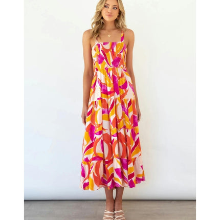 Women's Summer Boho Spaghetti Strap Square Neck Smocked Tiered Ruffle Beach Maxi Dress