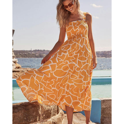 Women's Summer Boho Spaghetti Strap Square Neck Smocked Tiered Ruffle Beach Maxi Dress