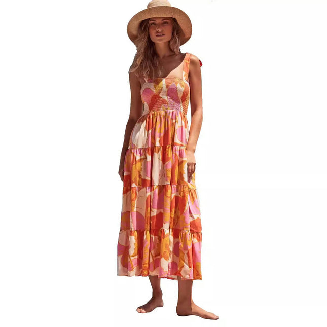 Women's Summer Boho Spaghetti Strap Square Neck Smocked Tiered Ruffle Beach Maxi Dress