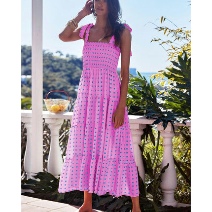 Women's Summer Boho Spaghetti Strap Square Neck Smocked Tiered Ruffle Beach Maxi Dress