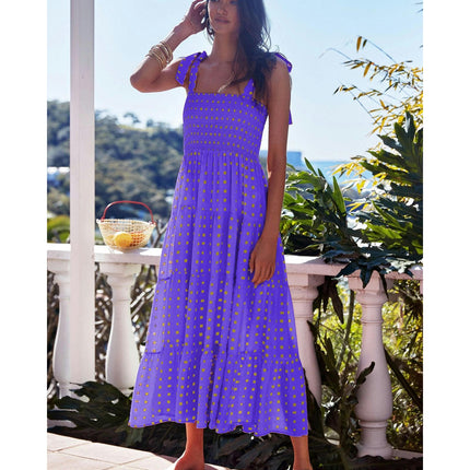 Women's Summer Boho Spaghetti Strap Square Neck Smocked Tiered Ruffle Beach Maxi Dress