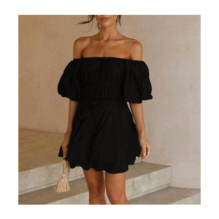 Womens Off Shoulder Short Lantern Sleeve Ruffle Elastic Waist A-Line Mini Dress