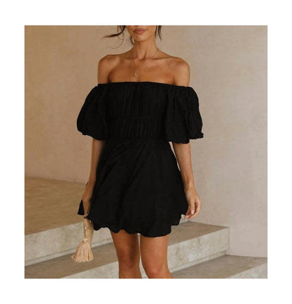 Womens Off Shoulder Short Lantern Sleeve Ruffle Elastic Waist A-Line Mini Dress