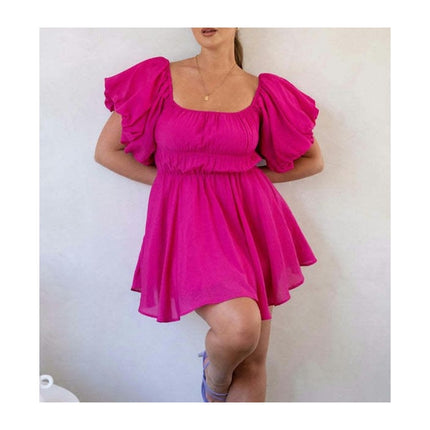 Womens Off Shoulder Short Lantern Sleeve Ruffle Elastic Waist A-Line Mini Dress