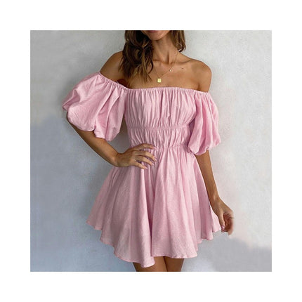 Womens Off Shoulder Short Lantern Sleeve Ruffle Elastic Waist A-Line Mini Dress