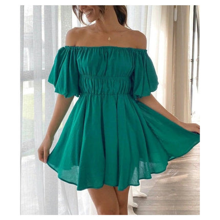 Womens Off Shoulder Short Lantern Sleeve Ruffle Elastic Waist A-Line Mini Dress