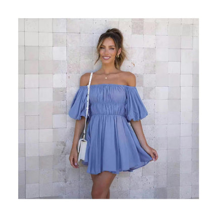 Womens Off Shoulder Short Lantern Sleeve Ruffle Elastic Waist A-Line Mini Dress